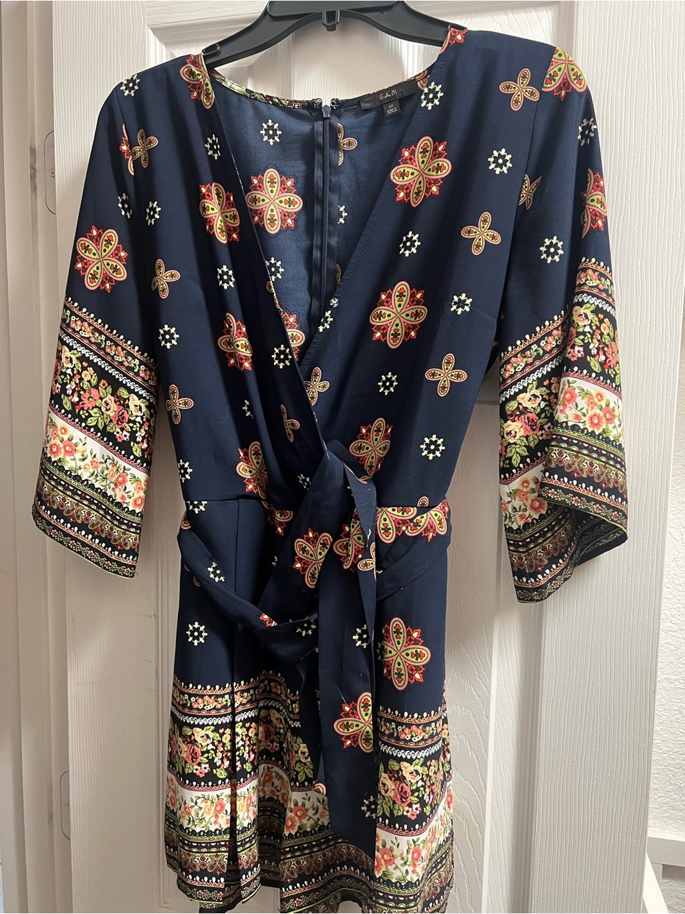 Navy Floral Print Wrap Romper with Tie Waist